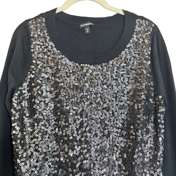 Express Womens Lightweight Sweater Medium Black Sequined Front - Picture 2 of 5